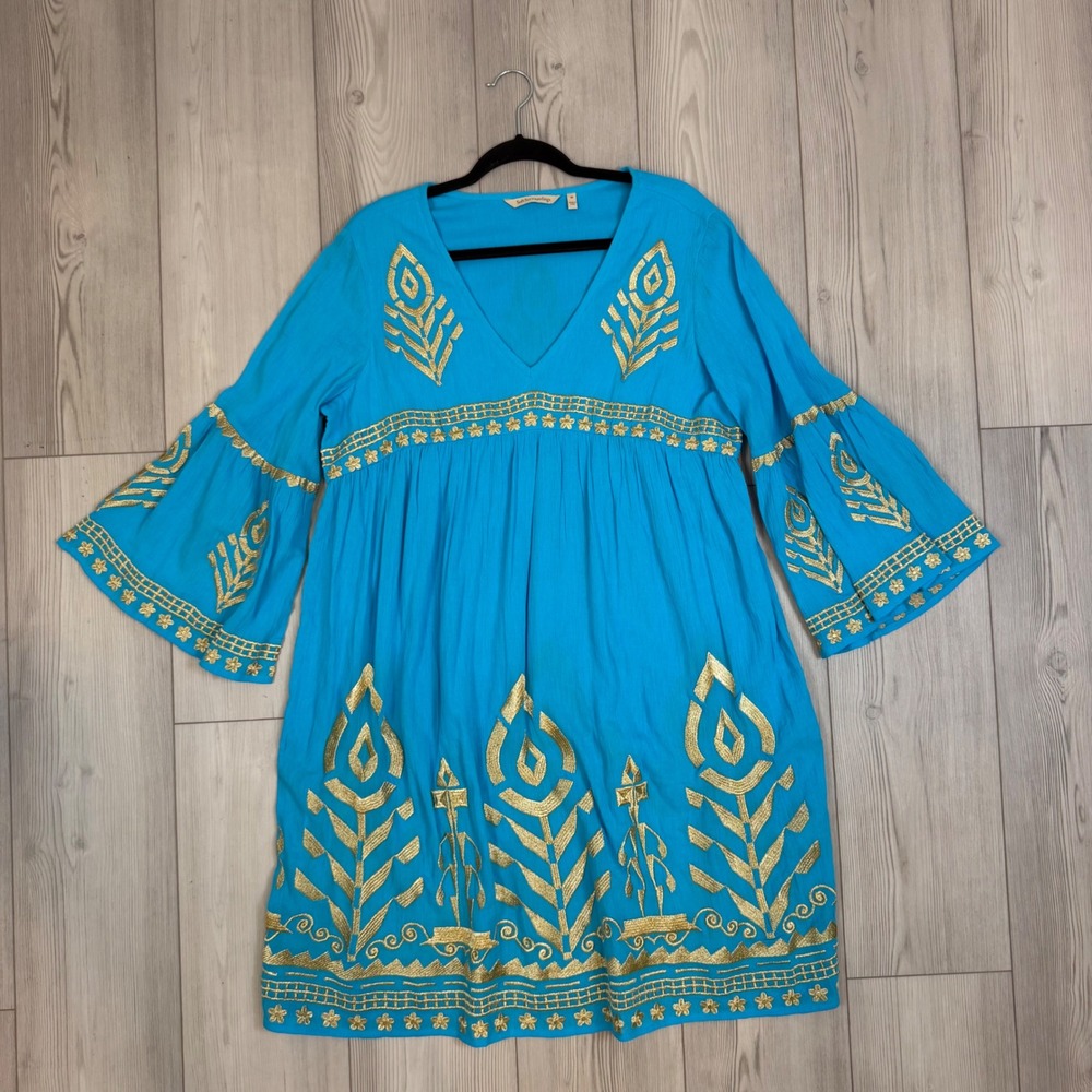 Soft Surroundings Zaneta Blue Gold Metallic Embroidered Bell Sleeve Dress Medium